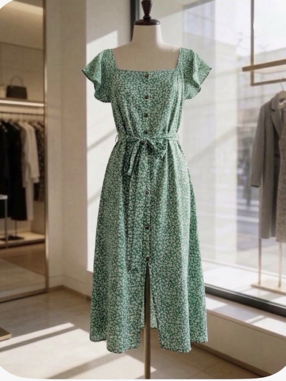 NEW Monteau Los Angeles Floral Button Midi Dress Flutter Sleeve Green MEDIUM